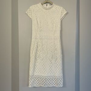 Baltic Born, Medium, funnel neck lined white lace overlay cap sleeve midi dress
